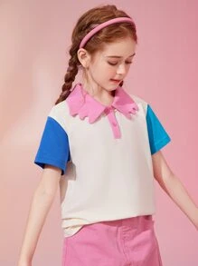 Mädchen T-Shirt mit Farbblock, Polo Kragen