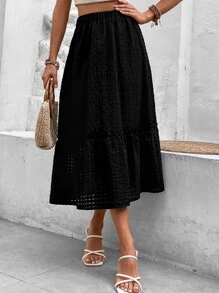 SHEIN LUNE Falda de talle alto unicolor bajo con fruncido - Negro - Ver 1