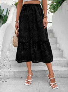 SHEIN LUNE Falda de talle alto unicolor bajo con fruncido - Negro - Ver 6