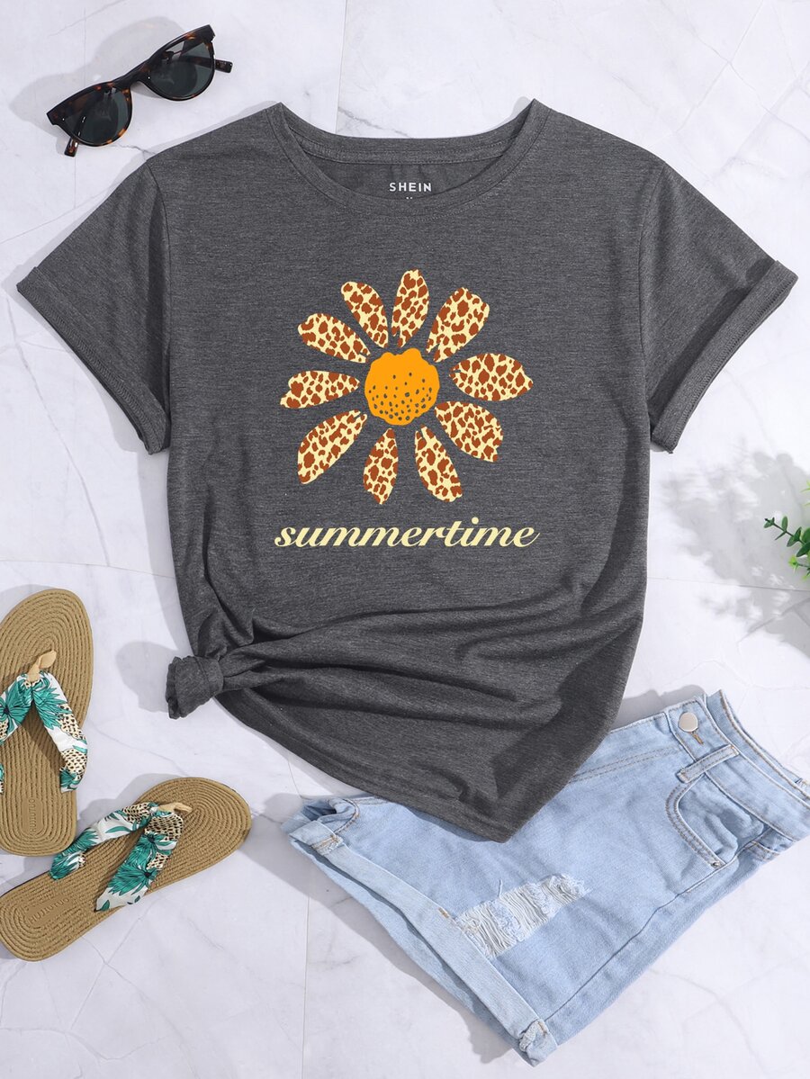 SHEIN LUNE Floral And Letter Graphic Tee - Dark Grey - View 1