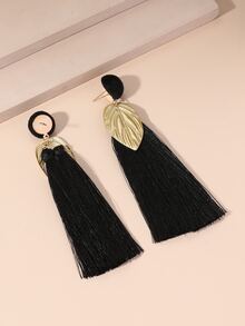 Leaf & Tassel Drop Earrings - Black - View 2