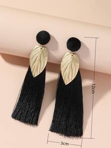 Leaf & Tassel Drop Earrings - Black - View 3