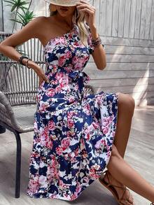 SHEIN VCAY Đầm Thắt lưng Viên lá sen Hoa Tất cả trên in Boho - Nhiều màu - Xem 3