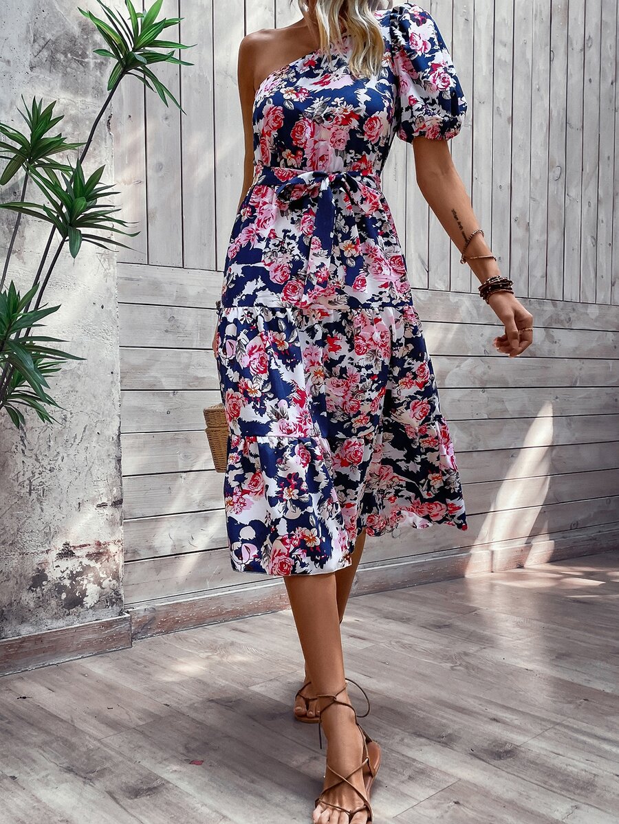 SHEIN VCAY Đầm Thắt lưng Viên lá sen Hoa Tất cả trên in Boho - Nhiều màu - Xem 1