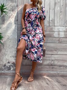 SHEIN VCAY Đầm Thắt lưng Viên lá sen Hoa Tất cả trên in Boho - Nhiều màu - Xem 5