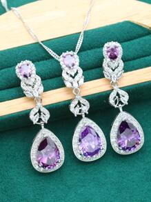 3pcs Luxury Water Drop Shaped Cubic Zirconia Inlaid Earrings, Ring, Pendant, Necklace Jewelry Set - Purple - View 2
