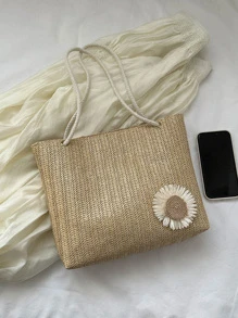 Túi đeo vai dệt sức chứa lớn dành cho nữ, Túi xách thời trang hợp thời trang mới 2024, Túi tote giản dị và sành điệu - Màu Khaki - Xem 4