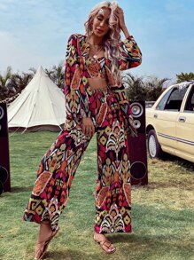Breezaya Allover Print Cami Top & Wide Leg Pants & Coat - Multicolor - View 1