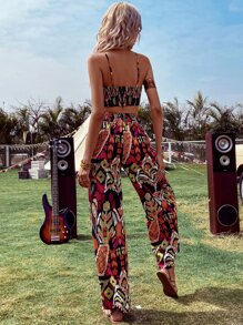 Breezaya Allover Print Cami Top & Wide Leg Pants & Coat - Multicolor - View 2