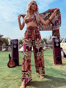 Breezaya Allover Print Cami Top & Wide Leg Pants & Coat - Multicolor - View 3