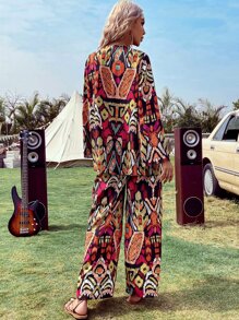 Breezaya Allover Print Cami Top & Wide Leg Pants & Coat - Multicolor - View 5