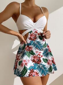 Tankini con estampado tropical y recorte, push up para el verano y la playa - Blanco - Ver 1