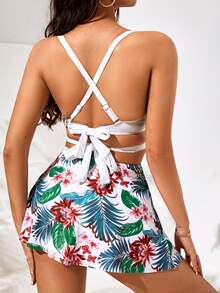 Tankini con estampado tropical y recorte, push up para el verano y la playa - Blanco - Ver 2