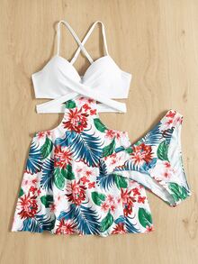 Tankini con estampado tropical y recorte, push up para el verano y la playa - Blanco - Ver 4