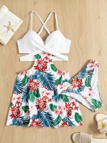Tankini con estampado tropical y recorte, push up para el verano y la playa - Blanco - Ver 5