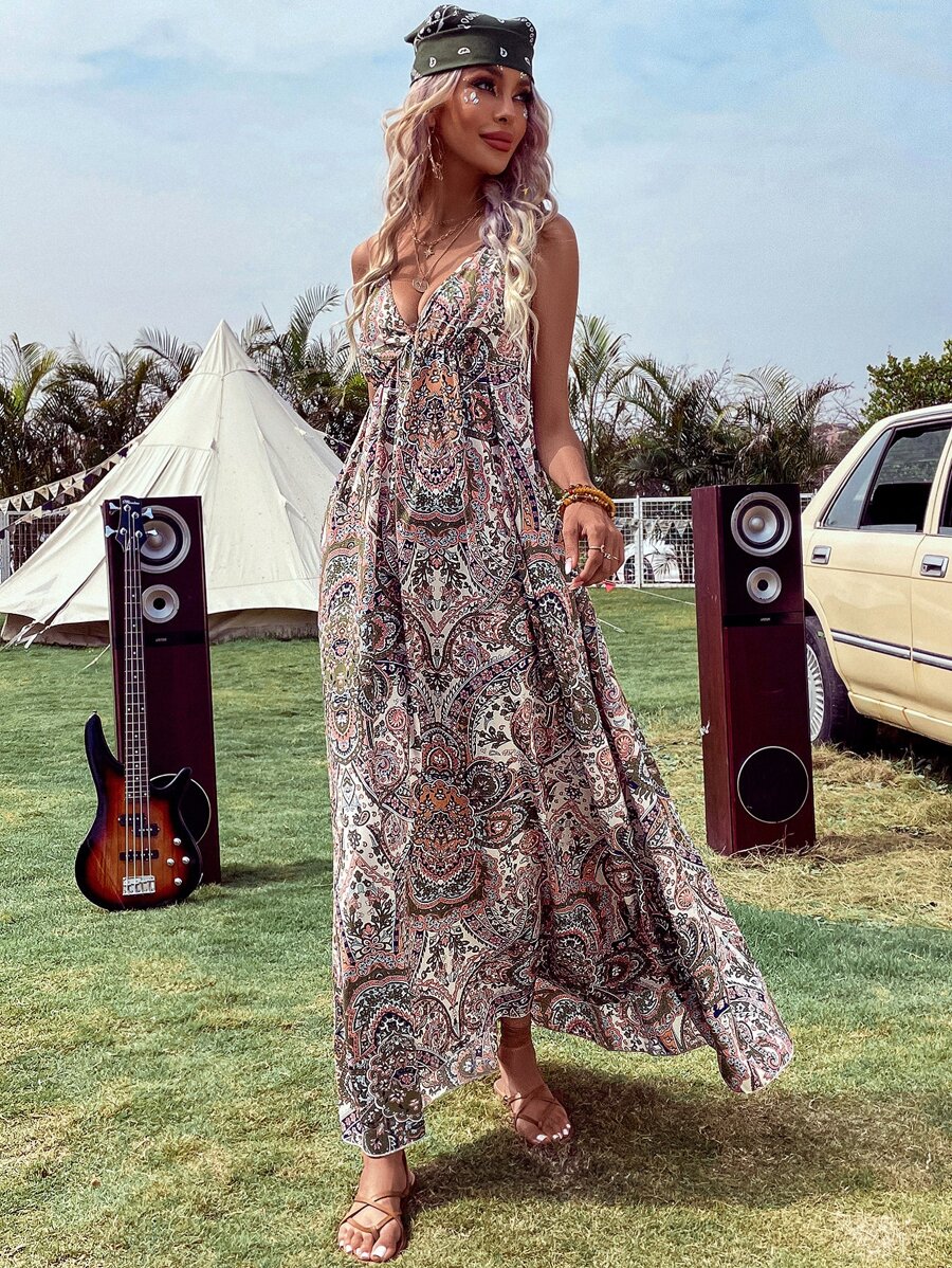 Breezaya 佩斯利印花露背吊带连衣裙 波西米亚风女装 - 彩色 - 查看 1