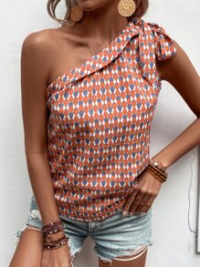 Breezaya Allover Print One Shoulder Knot Blouse - Multicolor - View 4
