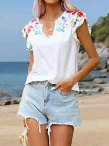 SHEIN VCAY 印花缺口領荷葉邊T恤 - 白色 - 查看 3