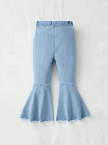 SHEIN 年輕女孩漂白洗水磨破修邊喇叭褲 - 淺色水洗藍 - 查看 2