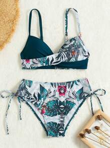 Swim DD+ Tropical Print Knot Side Halter Summer Beach Bikini Set - Multicolor - View 3