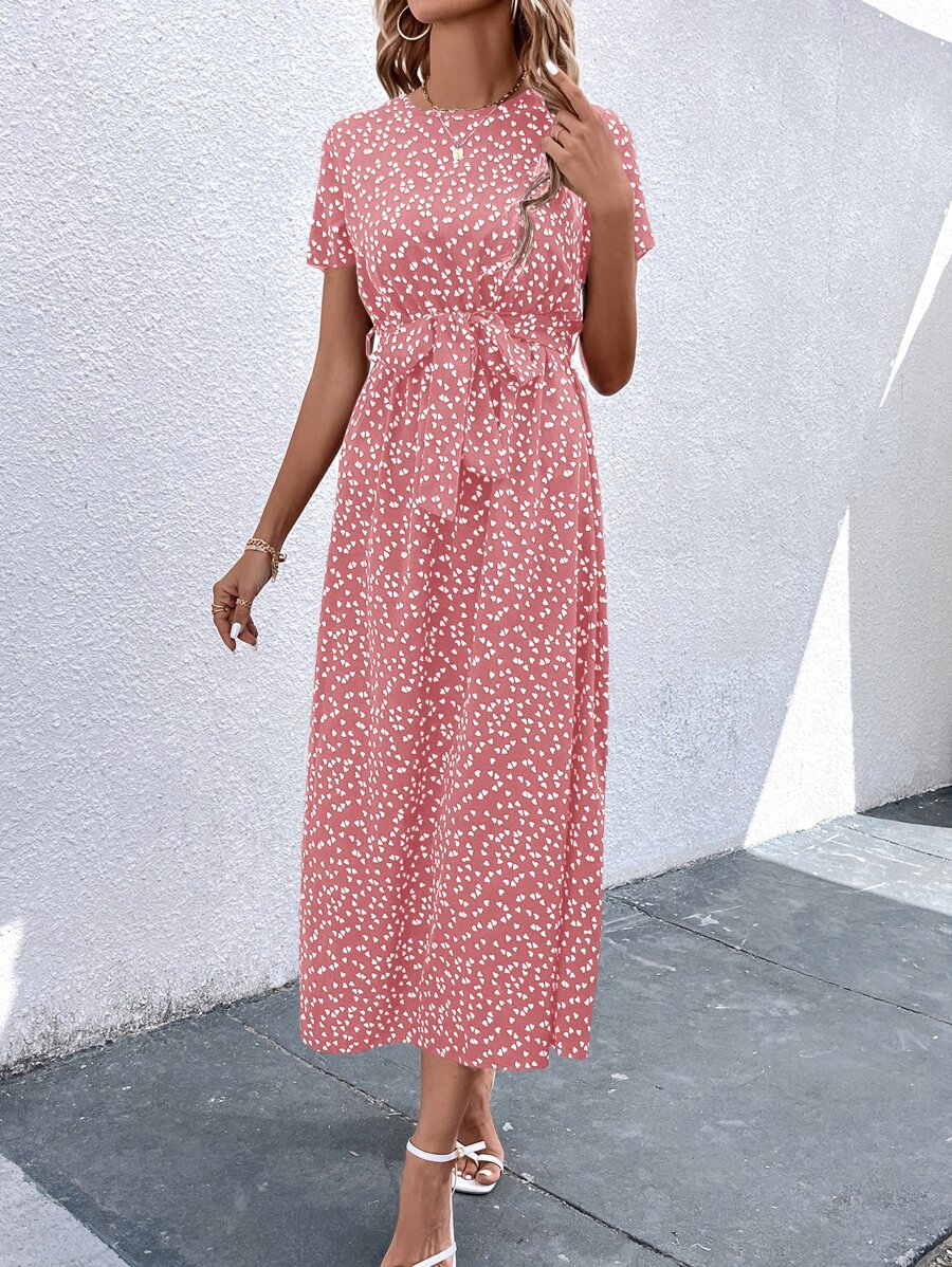 SHEIN LUNE Đầm Thắt lưng Nút Tim Tất cả trên in Giải trí - Bụi hồng - Xem 1