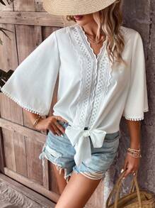SHEIN LUNE Guipure Lace Panel Knot Hem Blouse - White - View 3