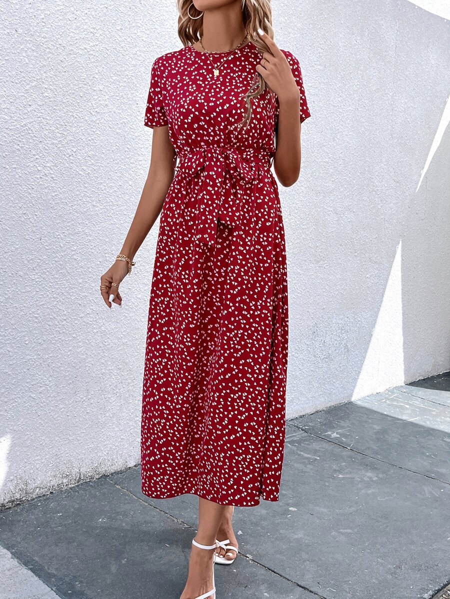 SHEIN Clasi Allover Heart Print Belted Dress - Red - View 1