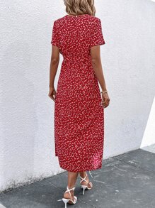 SHEIN Clasi Allover Heart Print Belted Dress - Red - View 2