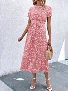 SHEIN LUNE Đầm Thắt lưng Nút Tim Tất cả trên in Giải trí - Bụi hồng - Xem 3