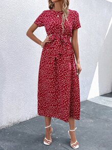 SHEIN Clasi Allover Heart Print Belted Dress - Red - View 3