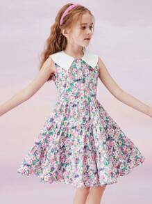 女孩滿版印花彼得潘領荷葉邊連衣裙 - 彩色 - 查看 1