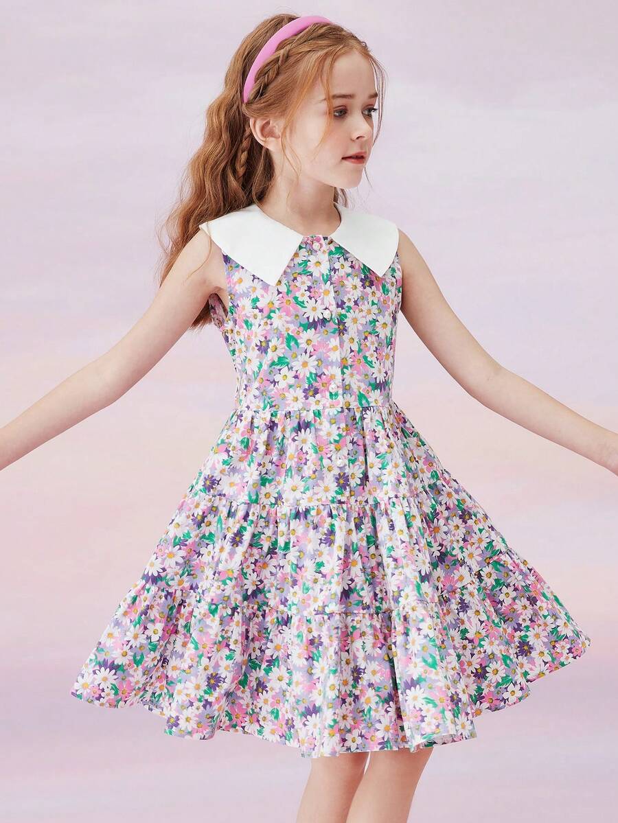 女孩滿版印花彼得潘領荷葉邊連衣裙 - 彩色 - 查看 1