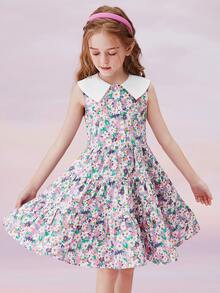 女孩滿版印花彼得潘領荷葉邊連衣裙 - 彩色 - 查看 3