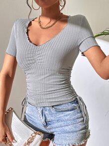 SHEIN Essnce Ribbed Knit Drawstring Side Tee - Light Grey - View 6