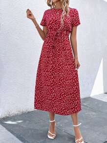 SHEIN Clasi Allover Heart Print Belted Dress - Red - View 6