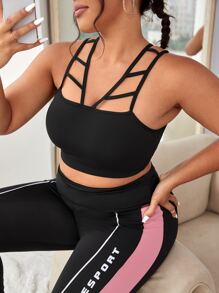 Plus Cut Out Crisscross Backless Sports Top - Black - View 1