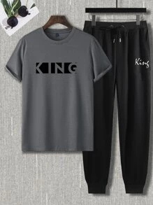 Manfinity Homme Hombres Camiseta con estampado de letra & Pantalones deportivos de cintura con cordón