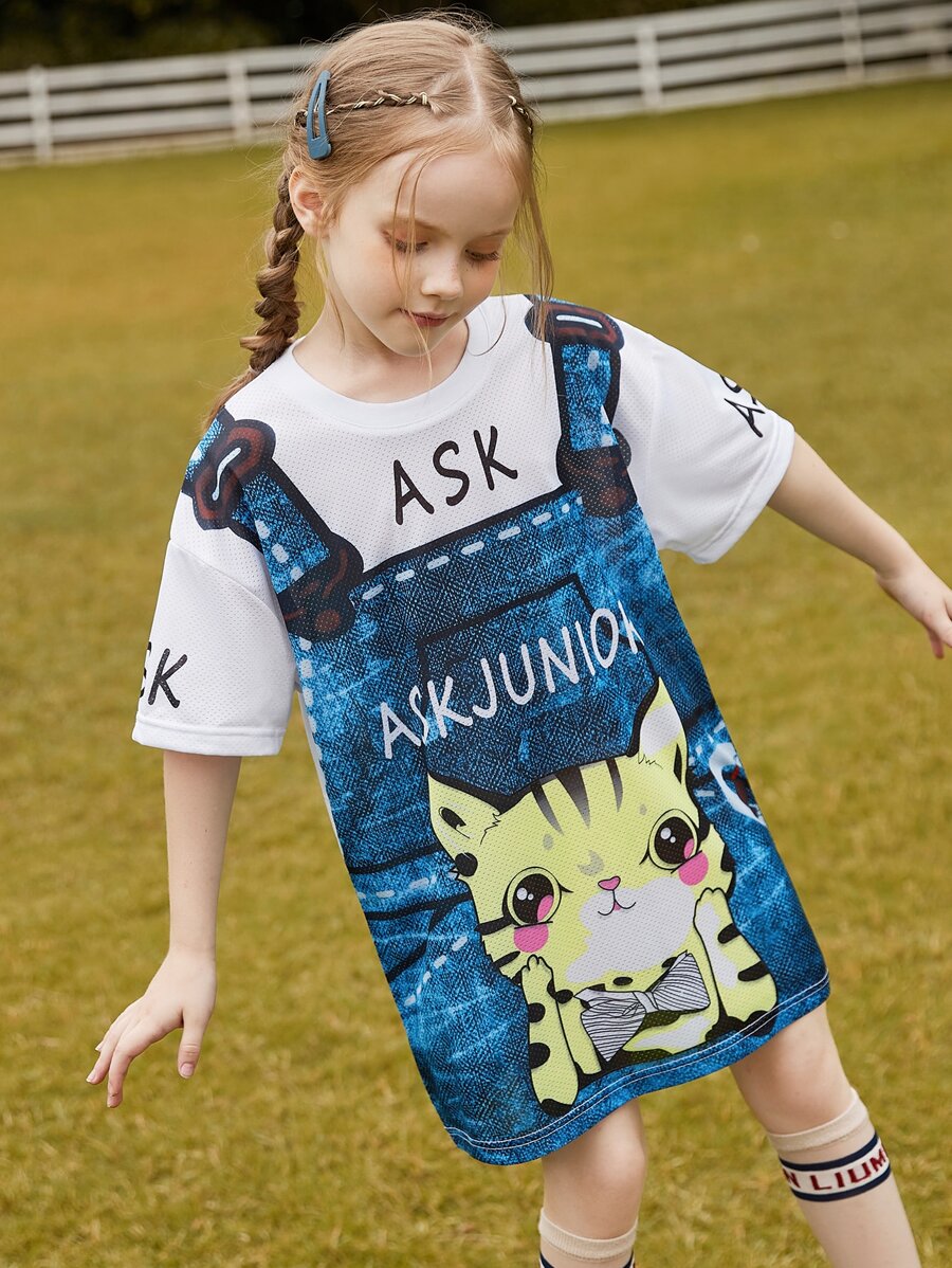 Girls Cartoon Graphic Drop Shoulder Tee Dress - Multicolor - View 1