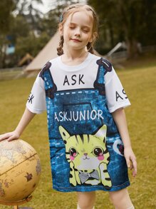 Girls Cartoon Graphic Drop Shoulder Tee Dress - Multicolor - View 3