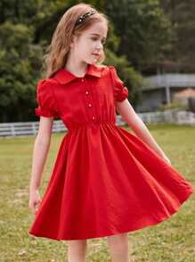 Girls Puff Sleeve Half Button Shirt Dress - Red - View 1