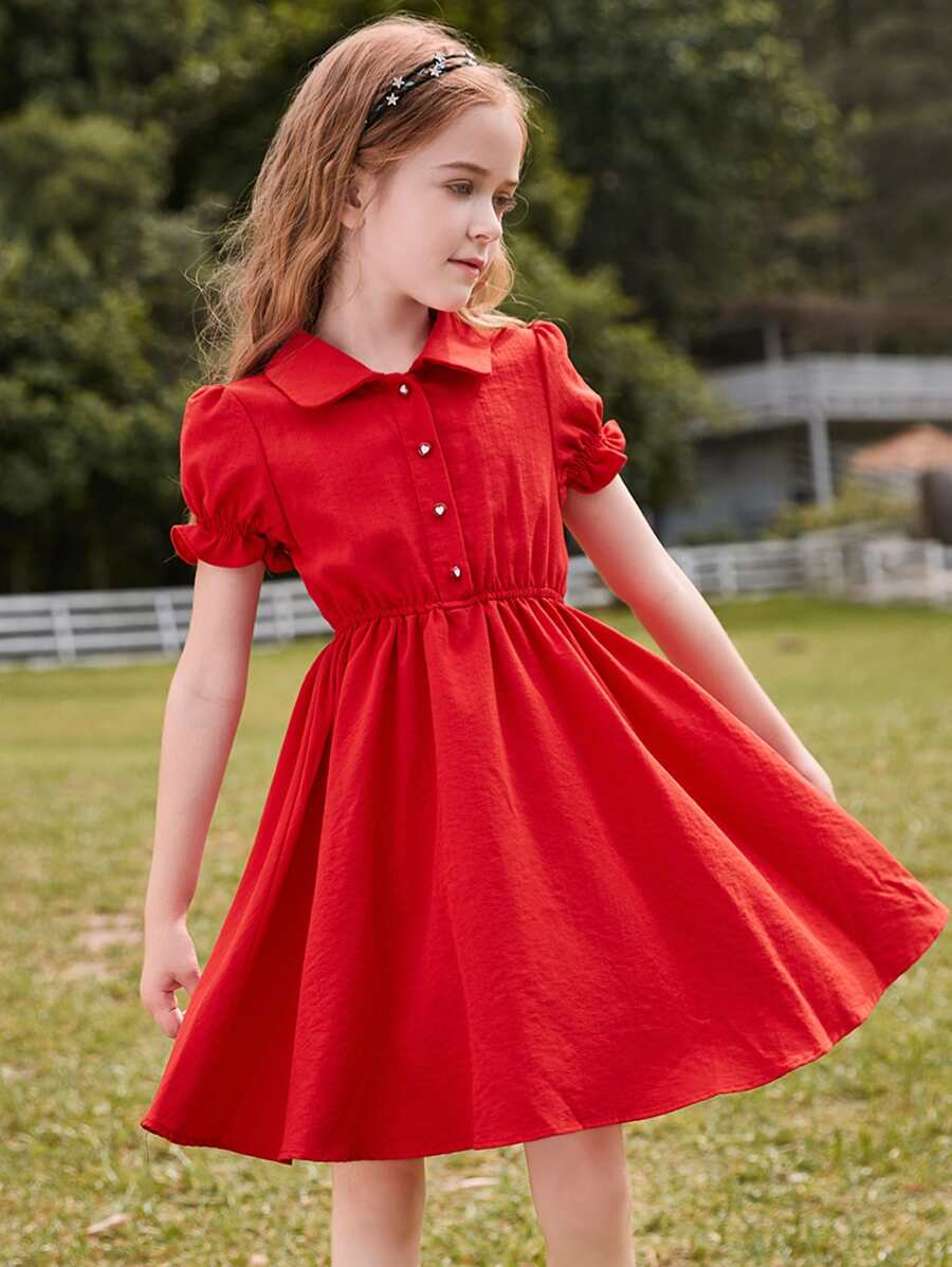 Girls Puff Sleeve Half Button Shirt Dress - Red - View 1