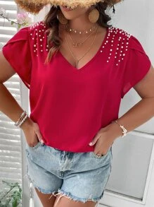 SHEIN LUNE Plus Pearls Beaded Petal Sleeve Blouse - Red - View 2