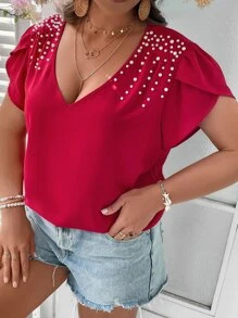 SHEIN LUNE Plus Pearls Beaded Petal Sleeve Blouse - Red - View 4