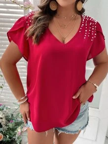 SHEIN LUNE Plus Pearls Beaded Petal Sleeve Blouse - Red - View 5