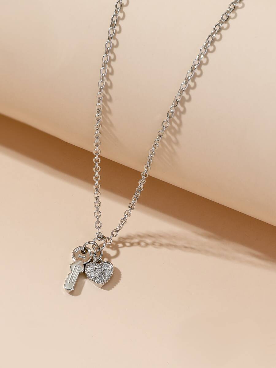 Collar con diseño de diamante de imitación clave & con accesorio de corazón - Plateado - Ver 1