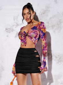 SHEIN BAE Falda ajustada con abertura fruncido lateral de malla - Negro - Ver 3