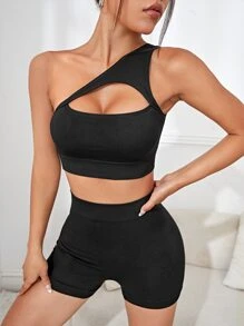 Cut Out One Shoulder Sports Set - Black - View 1