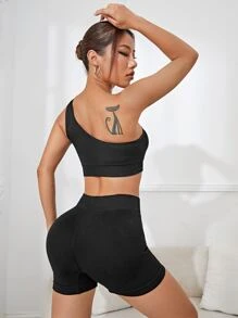 Cut Out One Shoulder Sports Set - Black - View 2