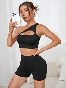 Cut Out One Shoulder Sports Set - Black - View 3