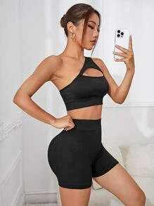 Cut Out One Shoulder Sports Set - Black - View 5